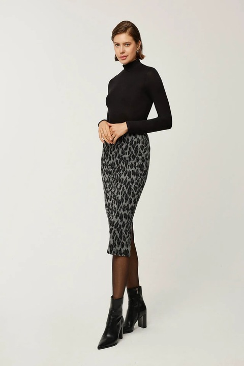 Fusta imidi dama HiCCUP, poliester/viscoza/elastan, imprimeu leopard, negru/gri