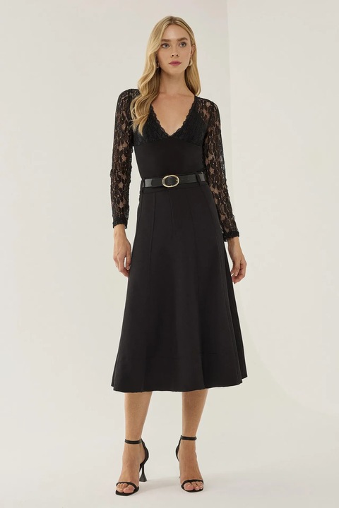 Fusta midi dama HiCCUP, poliester/elastan, talie inalta, negru