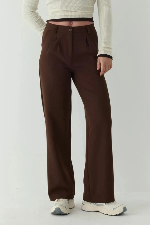 Pantaloni dama, HiCCUP, casual, croiala larga, maro, poliester-elastan