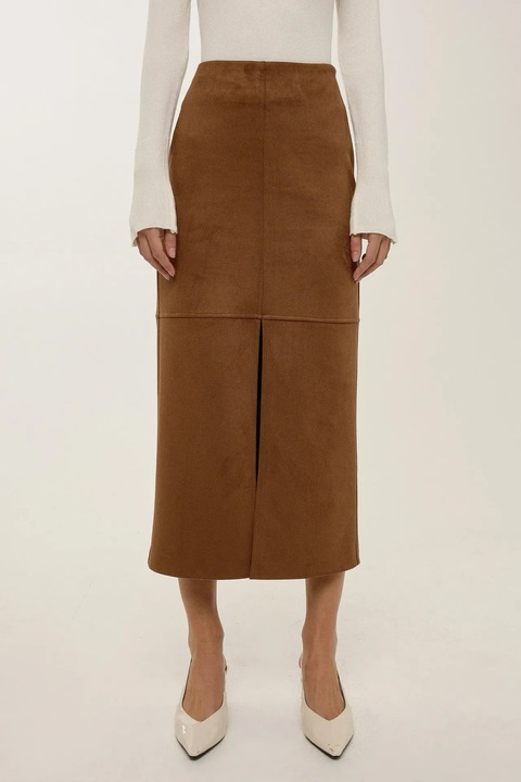 Дамска миди пола, HiCCUP, велур, с цепка, кафява