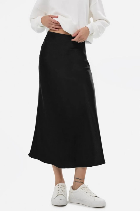 Fusta midi dama, HiCCUP, talie inalta, satin, negru