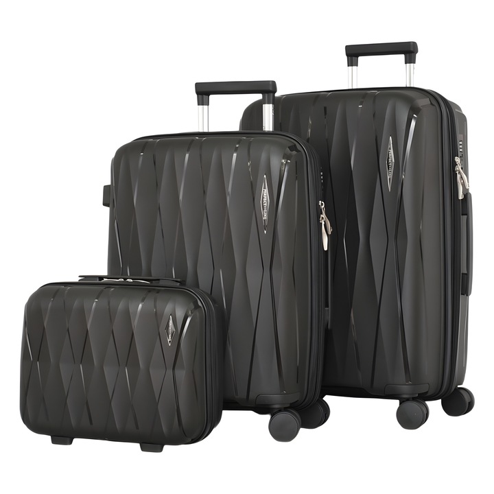 Комплект Куфари PERFECT++LINE PP 0606, Разширител, 65/44/26 см, Черни, 3 броя