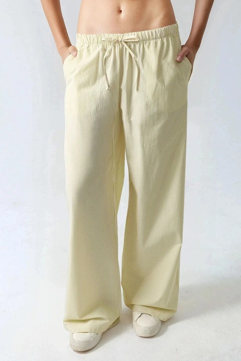 Дамски панталон, HiCCUP, раиран памук, еластична талия, жълт