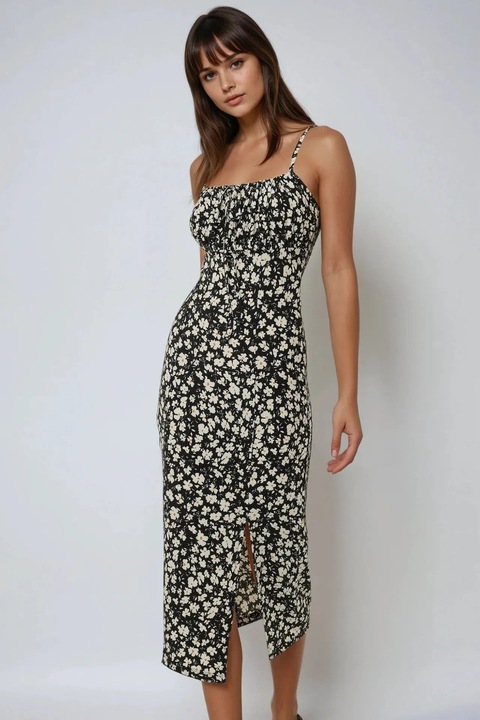 Rochie midi mulata, HiCCUP, imprimeu floral, crapatura, negru, jerseu