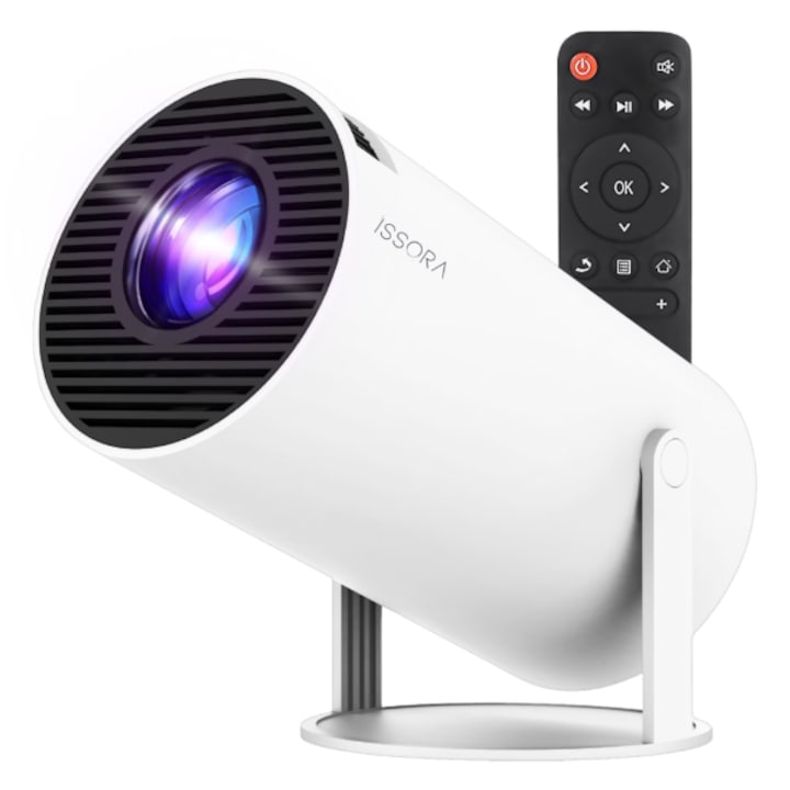 Преносим видео проектор ISSORA® PRO - Smart 4K Ultra HD, яркост 200 ANSI, 7000 лумена, Android 11, WIFI6, Bluetooth 5.0, Android 11, високоговорител, автофокус, регулируема проекция 130 инча, въртене на 180 градуса, превъзходна производителност