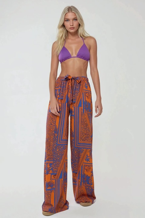 Pantaloni dama, HiCCUP, cu imprimeu, talie elastica, violet-portocaliu, bumbac