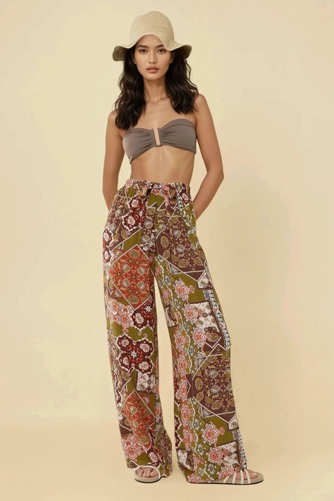 Pantaloni dama, HiCCUP, cu imprimeu, talie elastica, bumbac, Maro