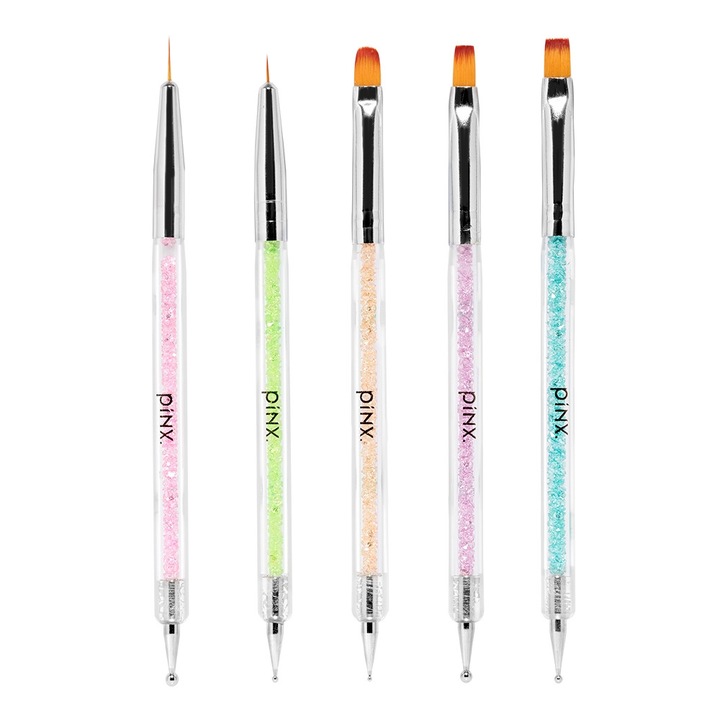Set 5 pensule manichiura Pinx, dubla intrebuintare, maner cu strasuri, multicolor