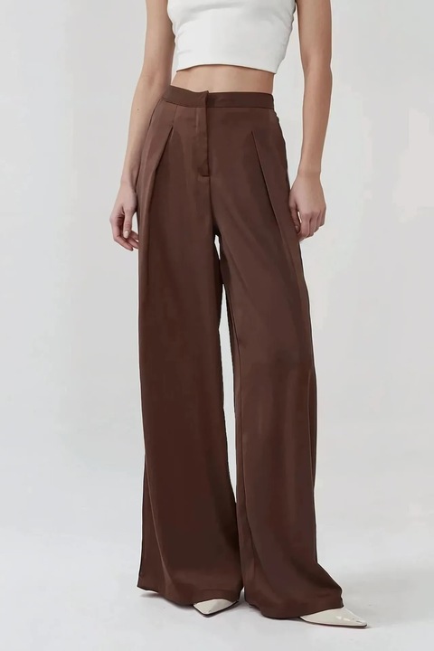 Pantaloni dama, HiCCUP, Palazzo din satin, talie inalta, croiala larga, maro