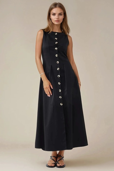 Rochie HiCCUP, fara maneci, cu nasturi, neagra, textil