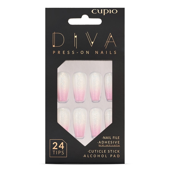 Set unghii false Cupio, Pink Baby Boomer, 24 tipsuri, pila, adeziv, roz