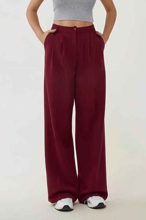 Дамски панталон, HiCCUP, палацо, висока талия, червен, памук