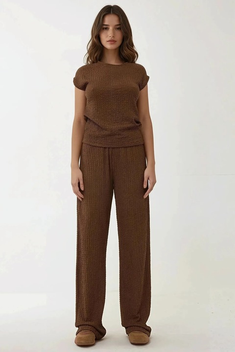 Дамски панталони HiCCUP, плетени, текстурирани, Кафяв