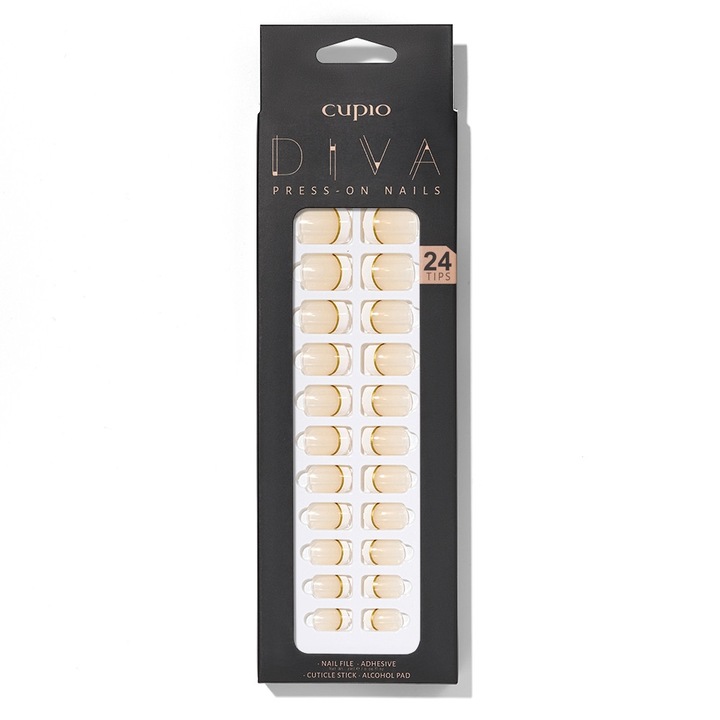 Комплект изкуствени нокти Cupio Diva, 24 накрайника, пила, лепило, стик, златисти
