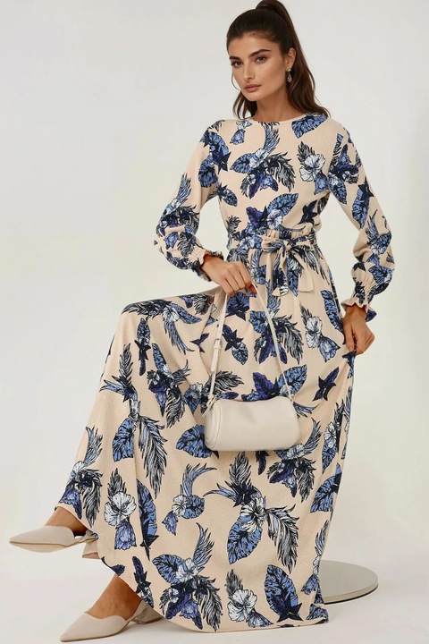 Rochie maxi, HiCCUP, guler rotund, maneca lunga, bej, jerseu