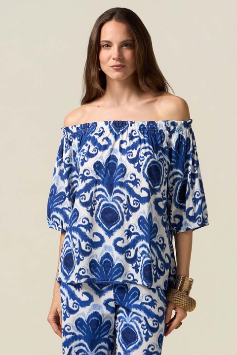 OLTRE, Bluza cu model si decolteu pe umeri, Albastru royal, L