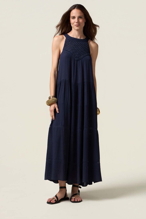 OLTRE, Rochie lunga evazata cu fronseuri, Albastru ultramarin, M