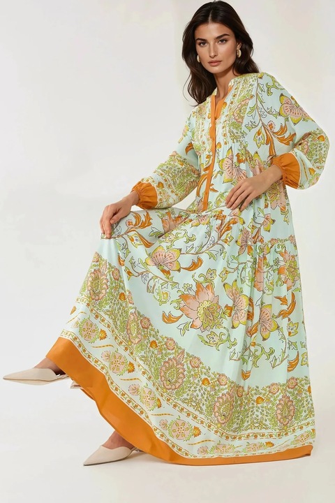 Rochie maxi HiCCUP, maneca lunga, imprimeu, portocalie, viscoza