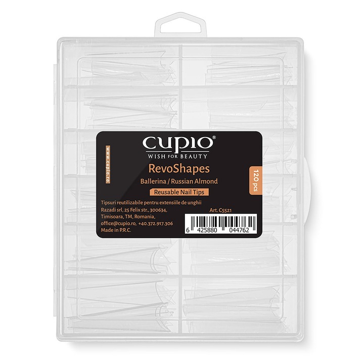 Tipsuri reutilizabile pentru extensii Cupio RevoShapes Ballerina/Russian Almond set 120 buc, transparent, 12 marimi
