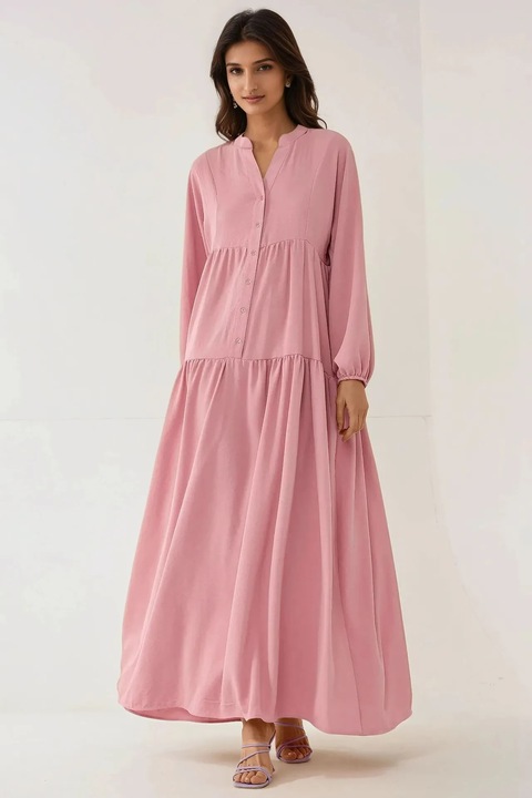 HiCCUP maxi ruha, V-nyakú, gombos díszítéssel, rózsaszín, textil