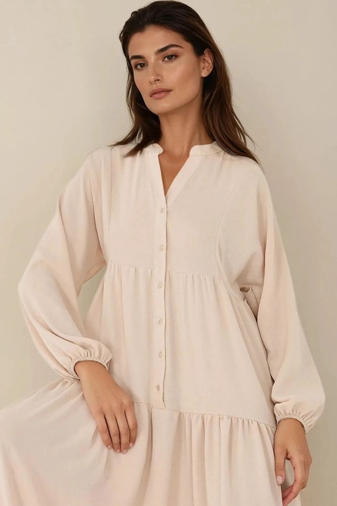 Rochie maxi, HiCCUP, texturata, decolteu in V, bej, textil