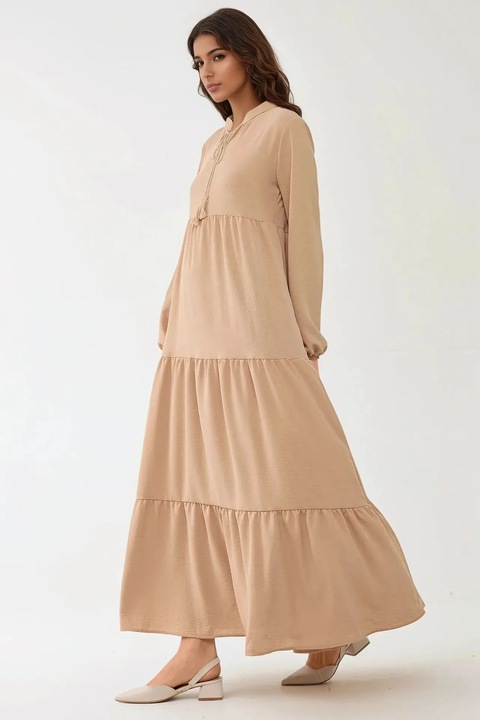 Rochie maxi, HiCCUP, maneca lunga, guler rotund, bej, textil