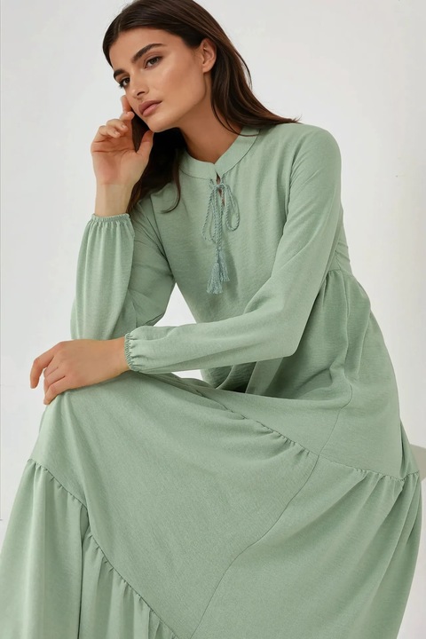 Rochie maxi, HiCCUP, maneca lunga, guler rotund, verde, textil