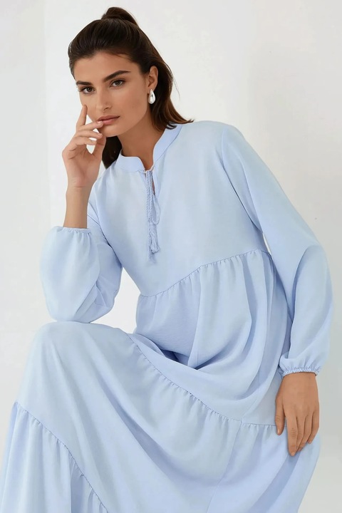 Rochie maxi HiCCUP, texturata, guler rotund, maneci lungi, albastra, textil