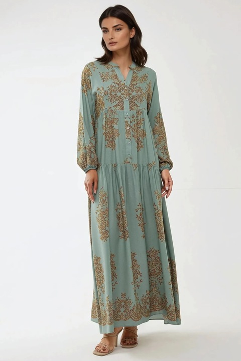 Макси рокля, HiCCUP, щампована вискоза, яка на риза, зелен, текстил