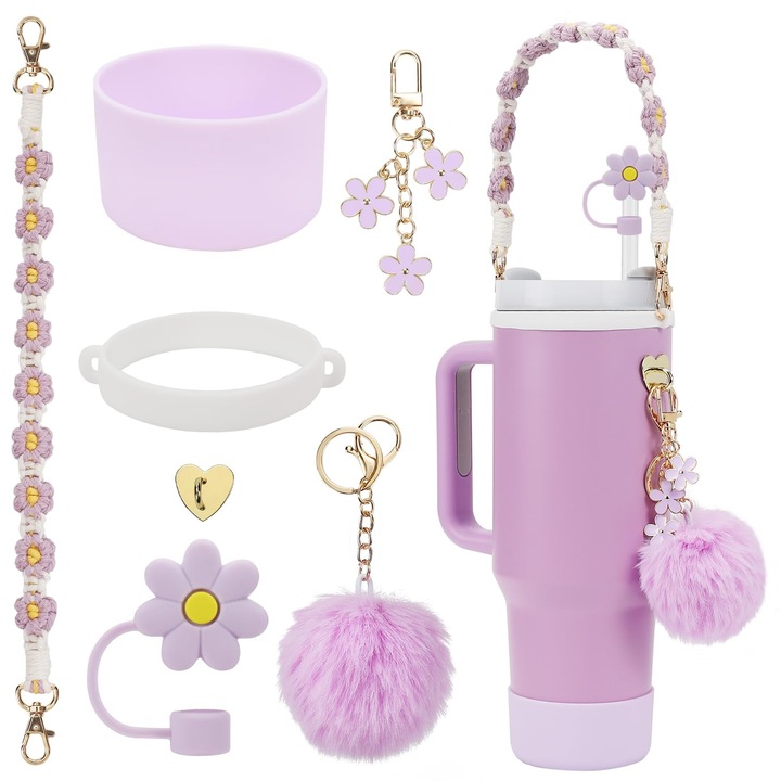 Set accesorii pentru termosuri OVERTANG, curea pentru sticla, botina de protectie, capac pentru pai, accesorii cu flori, multicolor