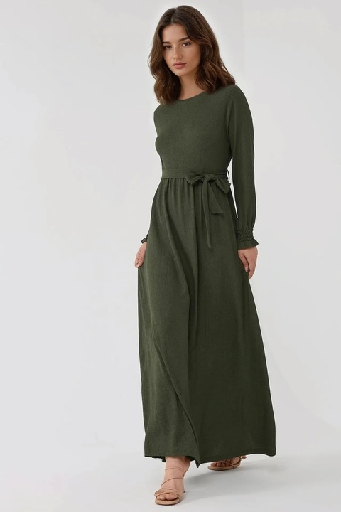 Rochie maxi, HiCCUP, texturata, guler rotund, kaki, jerseu