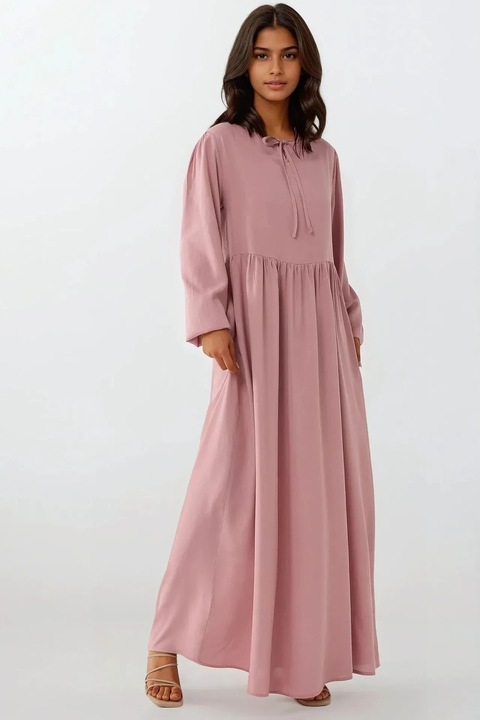 Макси рокля, HiCCUP, А-силует, кръгла яка, розова, текстил