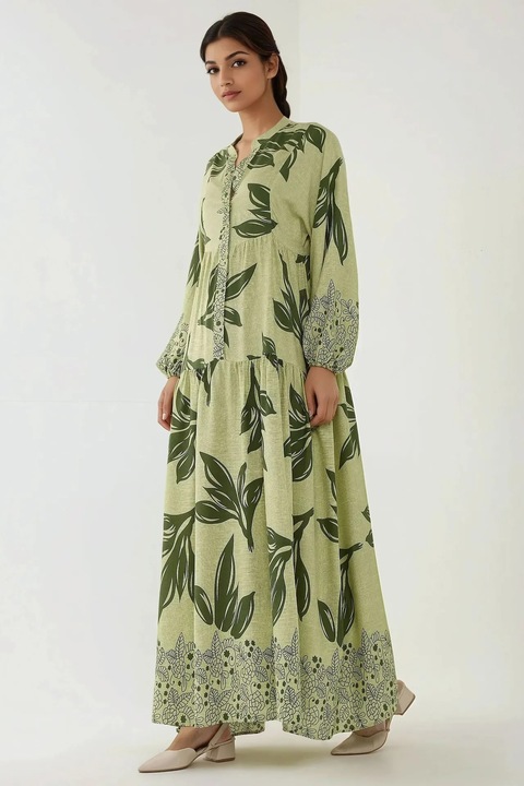 Макси рокля, HiCCUP, щампа на листа, зелено, вискоза