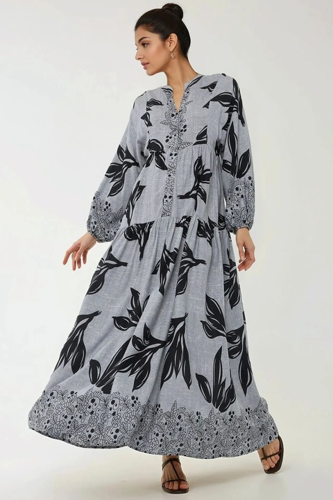 Rochie maxi, HiCCUP, maneca lunga, albastra, viscoza, Albastru marin, 2XL