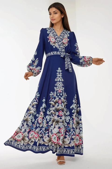 Rochie maxi, HiCCUP, imprimeu, decolteu in V, maneci lungi, albastra, textil