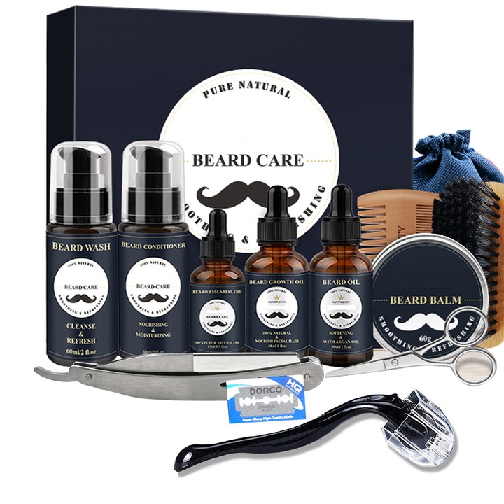 Set complet de ingrijire a barbii MWAOWM, 13 piese, ulei, balsam, perie, pieptene, foarfece, cutie de cadou