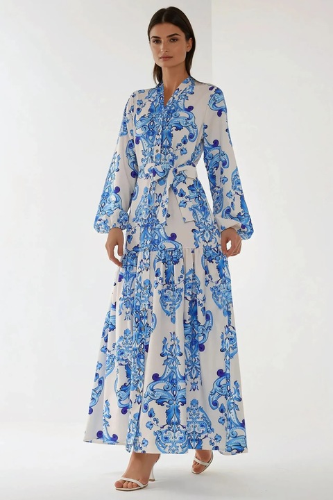 Rochie maxi HiCCUP, maneca lunga, imprimeu, albastru, bumbac, poliester, lycra