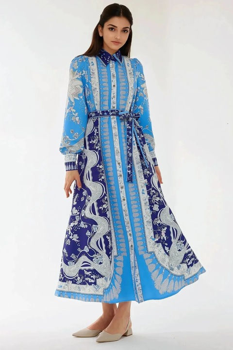 Рокля HiCCUP, дълъг ръкав, синя, текстил