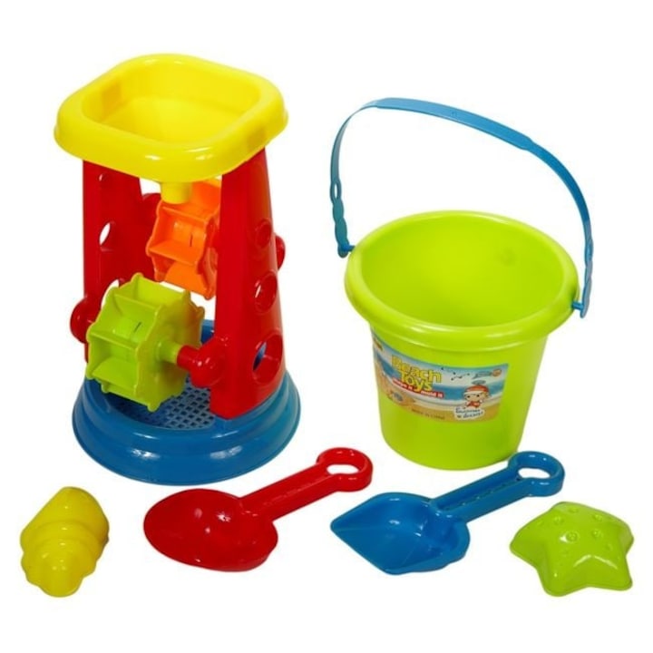 Комплект играчки за плаж за деца – Водна мелница с кофа и 4 аксесоара за пясък, идеален за игра на море или в градината – ANTBRO®