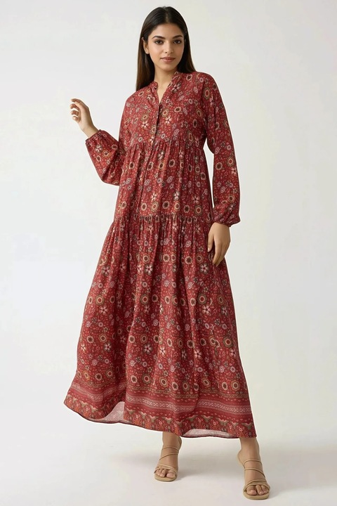 Макси рокля, HiCCUP, щампа, V-образно деколте, червена, текстил