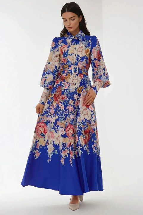 Rochie maxi HiCCUP, maneca lunga, imprimeu, albastru, material textil