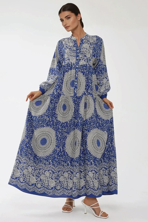 Rochie maxi HiCCUP, imprimeu, maneca lunga, albastra, viscoza