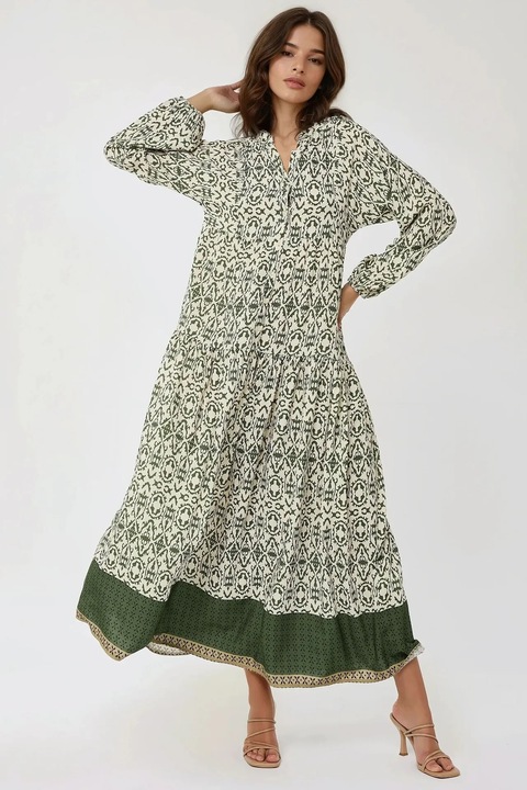 Rochie maxi, HiCCUP, imprimeu, guler camasa, verde, textil