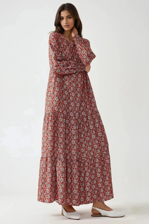 Rochie maxi HiCCUP, imprimeu, guler rotund, rosu, viscoza