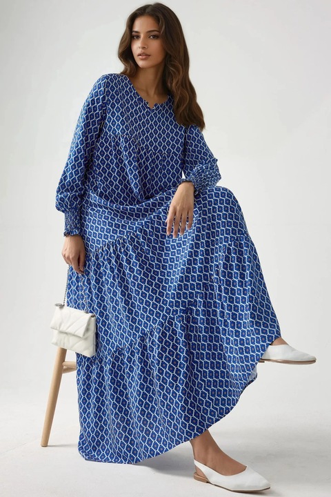 Rochie maxi HiCCUP, imprimeu, albastra, viscoza