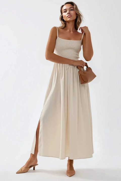 Rochie maxi, HiCCUP, forma de A, decolteu patrat, bej, textil