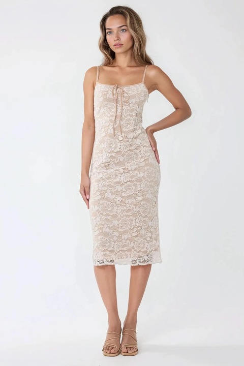 Вталена миди рокля HiCCUP, квадратна яка, тънък материал, бежово