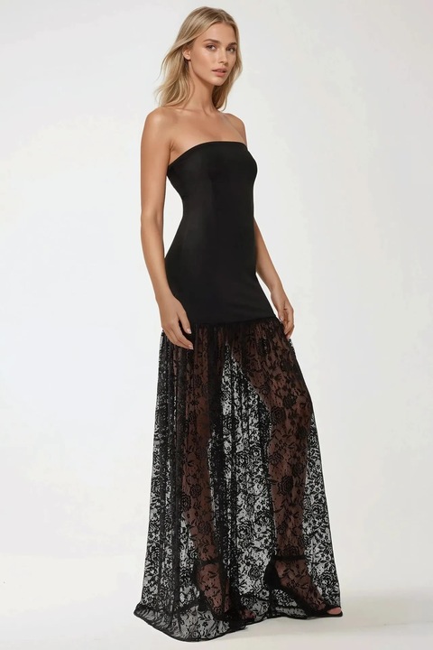 Rochie maxi, HiCCUP, mulata, detalii din dantela, neagra, textil