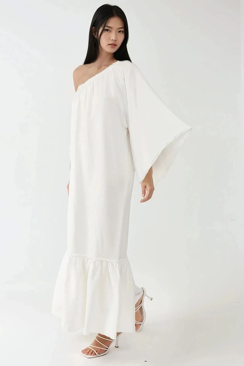 Макси рокля, HiCCUP, асиметрична яка, голи рамене, бяла, текстил