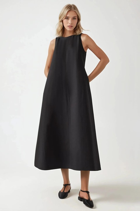 Rochie maxi, HiCCUP, fara maneci, guler rotund, neagra, textil